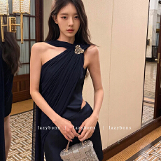 批发午夜蓝挂脖连衣裙女新款气质名媛风高级<b class='q'>礼服</b>裙网纱斜肩生日短裙子