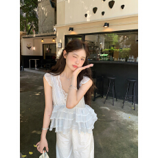 批发实拍实价 薄透<b class='q'>欧根纱</b> 法式蕾丝花边拼接荷叶边背心