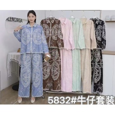 批发法式蕾丝拼接牛仔套装女<b class='q'>夏</b>宽松显瘦衬衫阔腿裤两件套