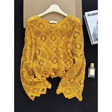 批发春秋新款复古风<b class='q'>黄色</b>镂空钩花针织衫女百搭减龄宽松长袖上衣