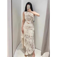 批发复古欧美辣妹风镂空网纱钩花设计感套装女无袖背心+高腰半身裙