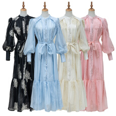 批发名媛高级感不规则<b class='q'>刺绣</b>花朵<b class='q'>连衣裙</b>单排扣纯色蝴蝶结系带A字长裙潮