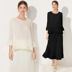 批发时尚高端优雅气质两件套夏装长袖钉珠立体花 褶皱A字<b class='q'>半身裙</b>套装女