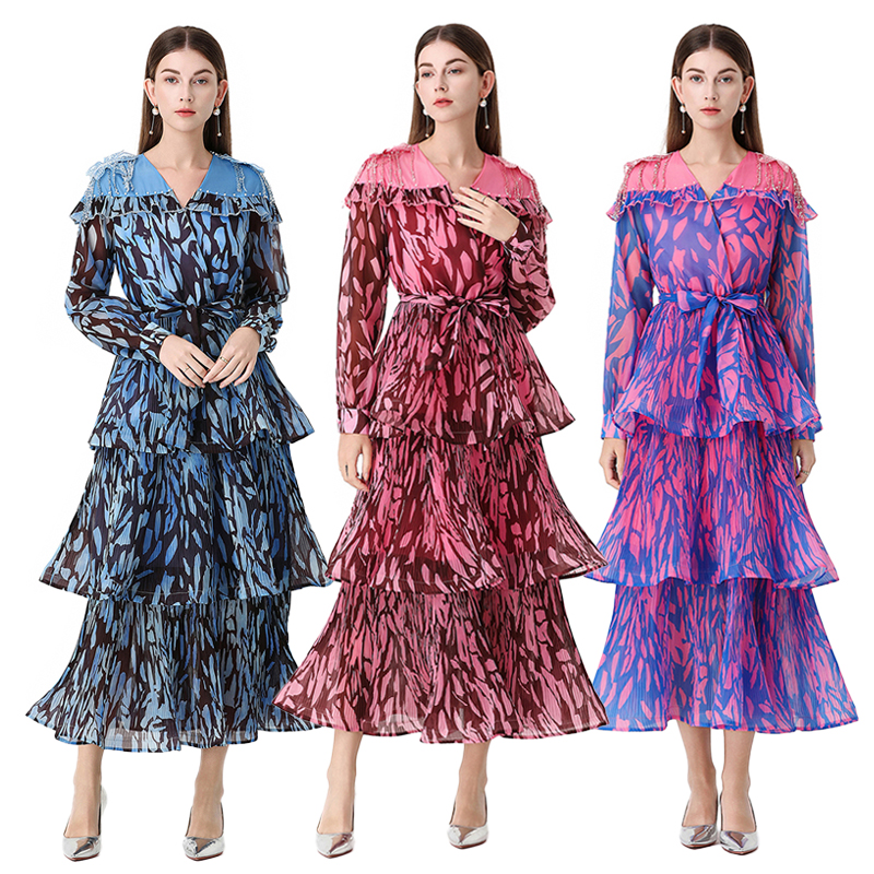 RY1598# 2026欧美优雅亚马逊收腰多层荷叶边澳洲跨境长袖连衣裙