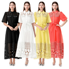 批发2026新款跨境<b class='q'>外贸</b>长款连衣裙法式气质优雅风系带短袖连衣裙