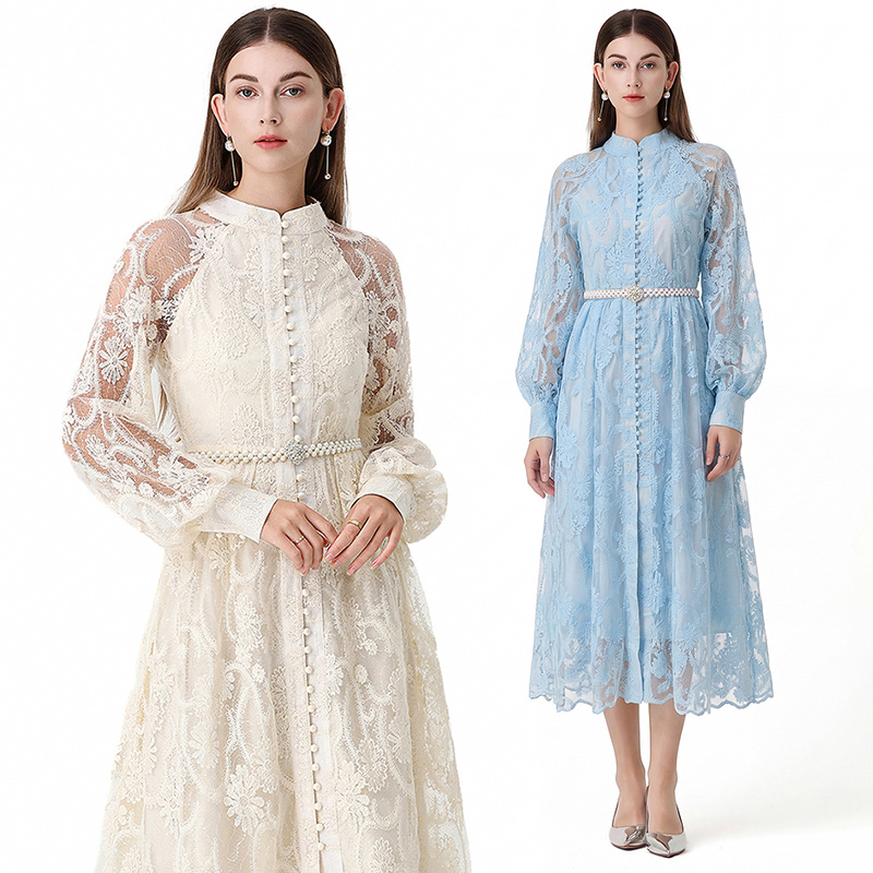 RY2115# 法式气质优雅通勤风刺绣蕾丝大摆连衣裙