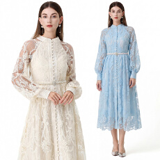 批发法式气质优雅通勤风刺绣蕾丝大摆<b class='q'>连衣裙</b>