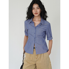 批发EIGHTHMONTH蓝色条纹短袖衬衫女2026夏季衬衣气质通勤显瘦上衣