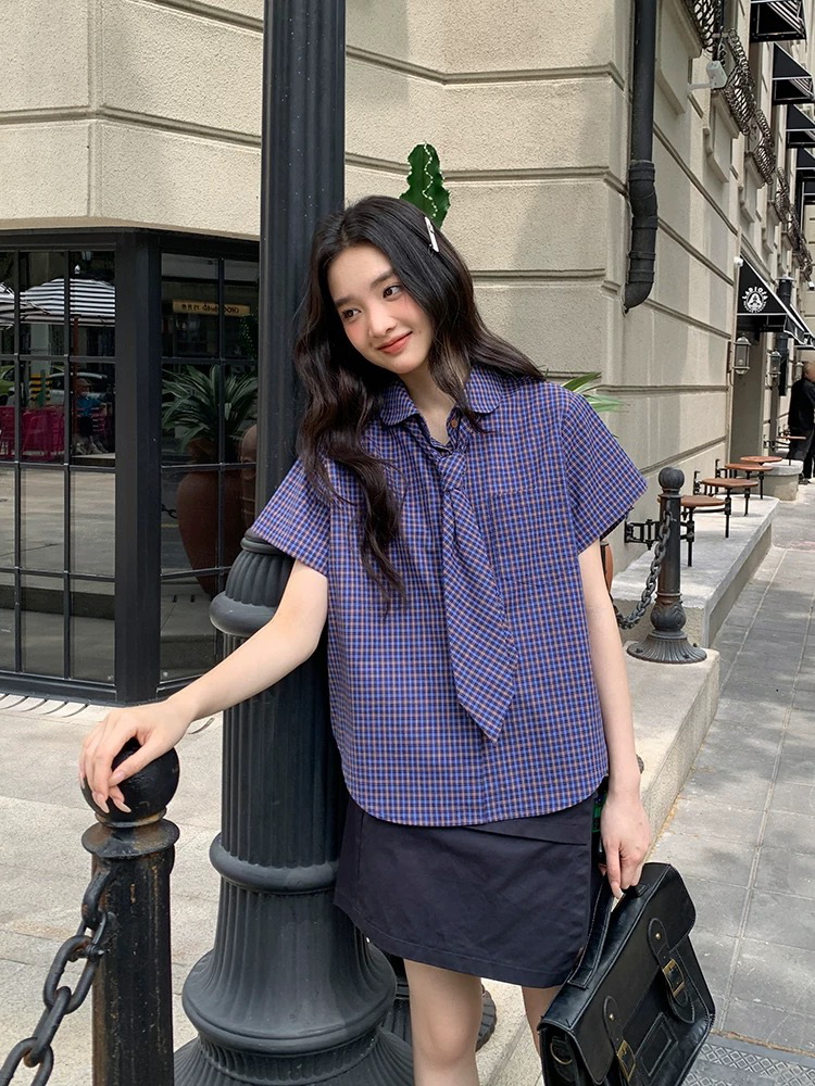 프랑스식 체크무늬 넥타이 반팔 여성 셔츠 2026 여름 프랑스식 고유 한 Chic 절묘한 납 캐주얼 연령 감소 맨위