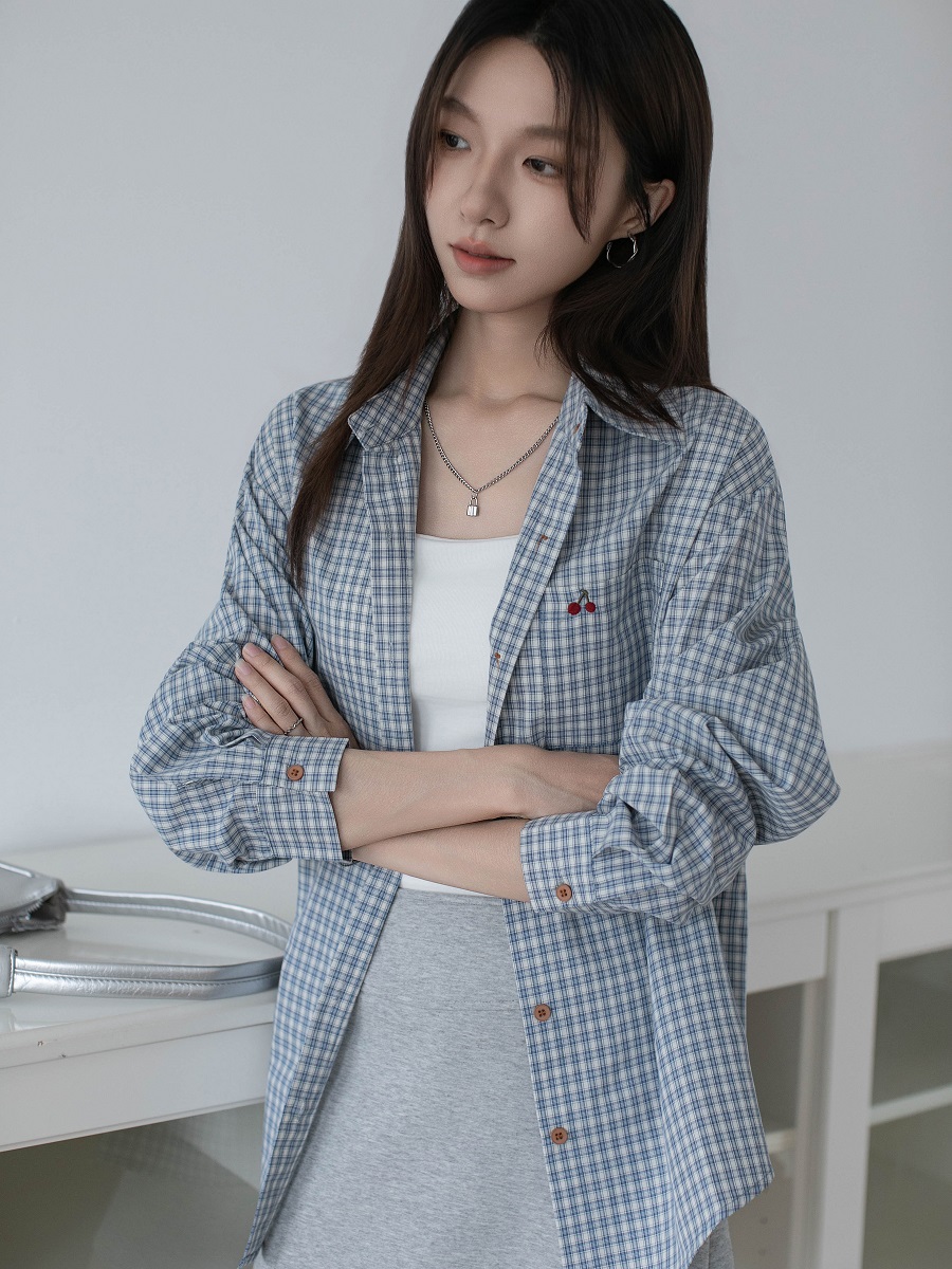 실사 2026 년 봄 여름 새로운 긴팔 여성 셔츠 루즈핏 면 100% 체리 자수 체크무늬 셔츠 자외선 차단 복