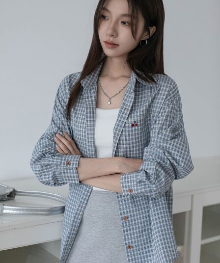 실사 2026 년 봄 여름 새로운 긴팔 여성 셔츠 루즈핏 면 100% 체리 자수 체크무늬 셔츠 자외선 차단 복