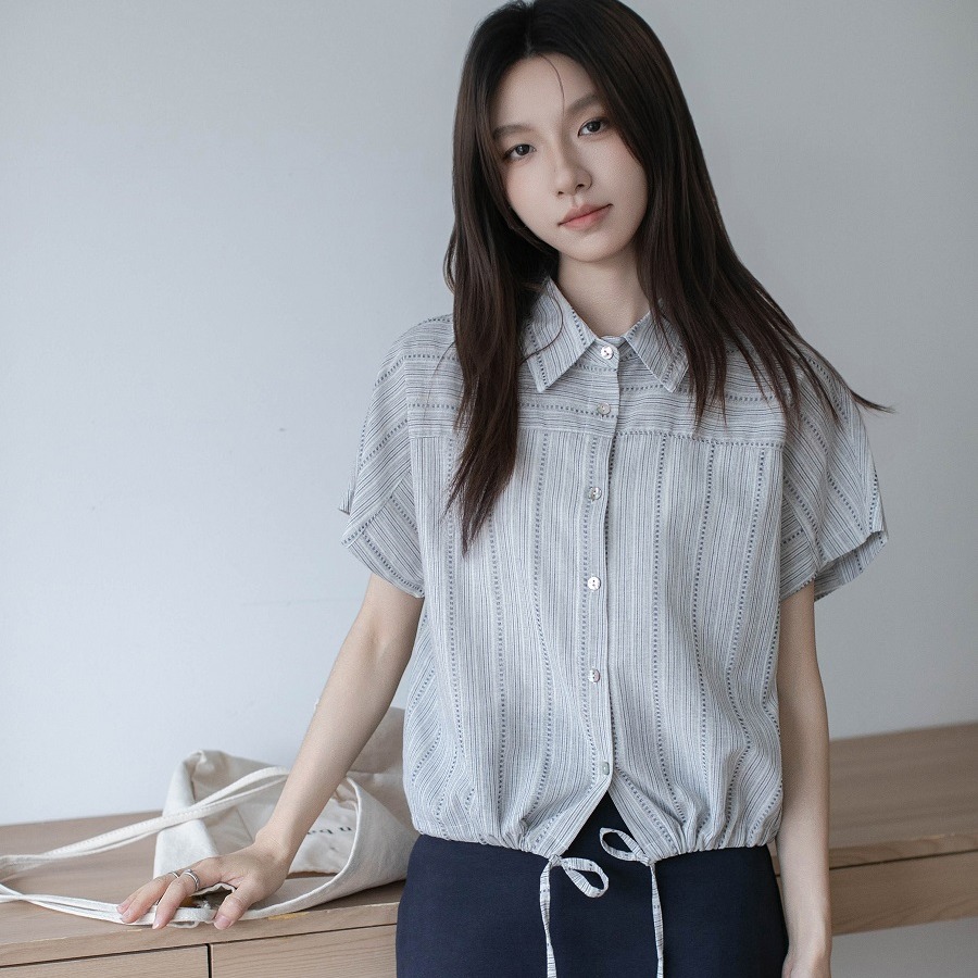 실사 2026 레트로 스트라이프 순면 펌프 로프 여성 셔츠 여름 새로운 싱글 줄 버튼 반팔 맨위
