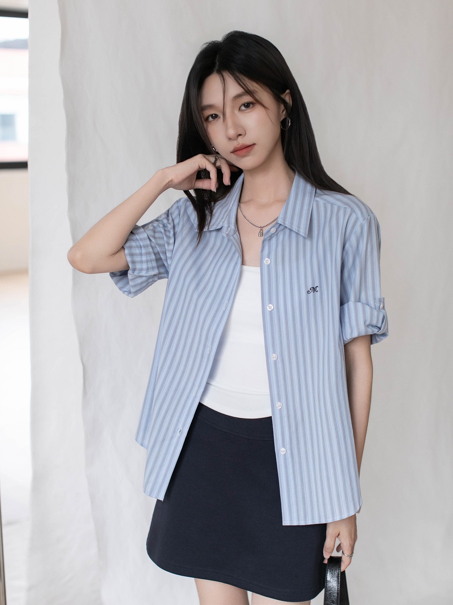 실사 자수 소매 袢 디자인 순면 세로 줄무늬 여성 셔츠 2026 봄 여름 작은 키 맨위