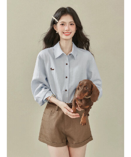 빛 부서 오래된 돈 파란색 긴팔 셔츠 여성 코트 2026 가을 새로운 루즈핏 POLO 칼라