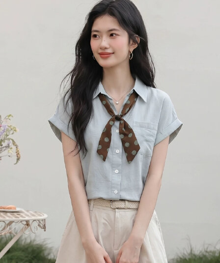 한 부서 파란색 경기 스카프 폴로 칼라 여성 셔츠 2026 여름 새로운 고급 센스 루즈핏 Feifei 소매 맨위