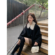 批发里昂艺术馆2025毛领双面呢羊毛呢子外套女宽松羊绒大衣