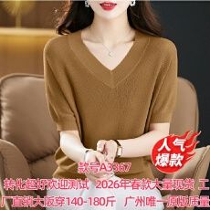 批发V领短袖冰丝<b class='q'>针织衫</b>女夏2026年春款大量货韩版宽松显瘦打底T恤毛衣