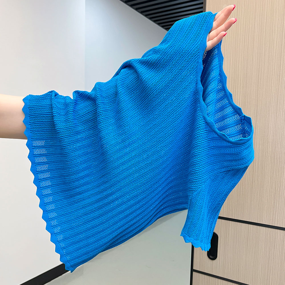 RY708# 实拍！实拍！有大图！2026夏季针织蓝色镂空波浪边冰丝t恤女上衣