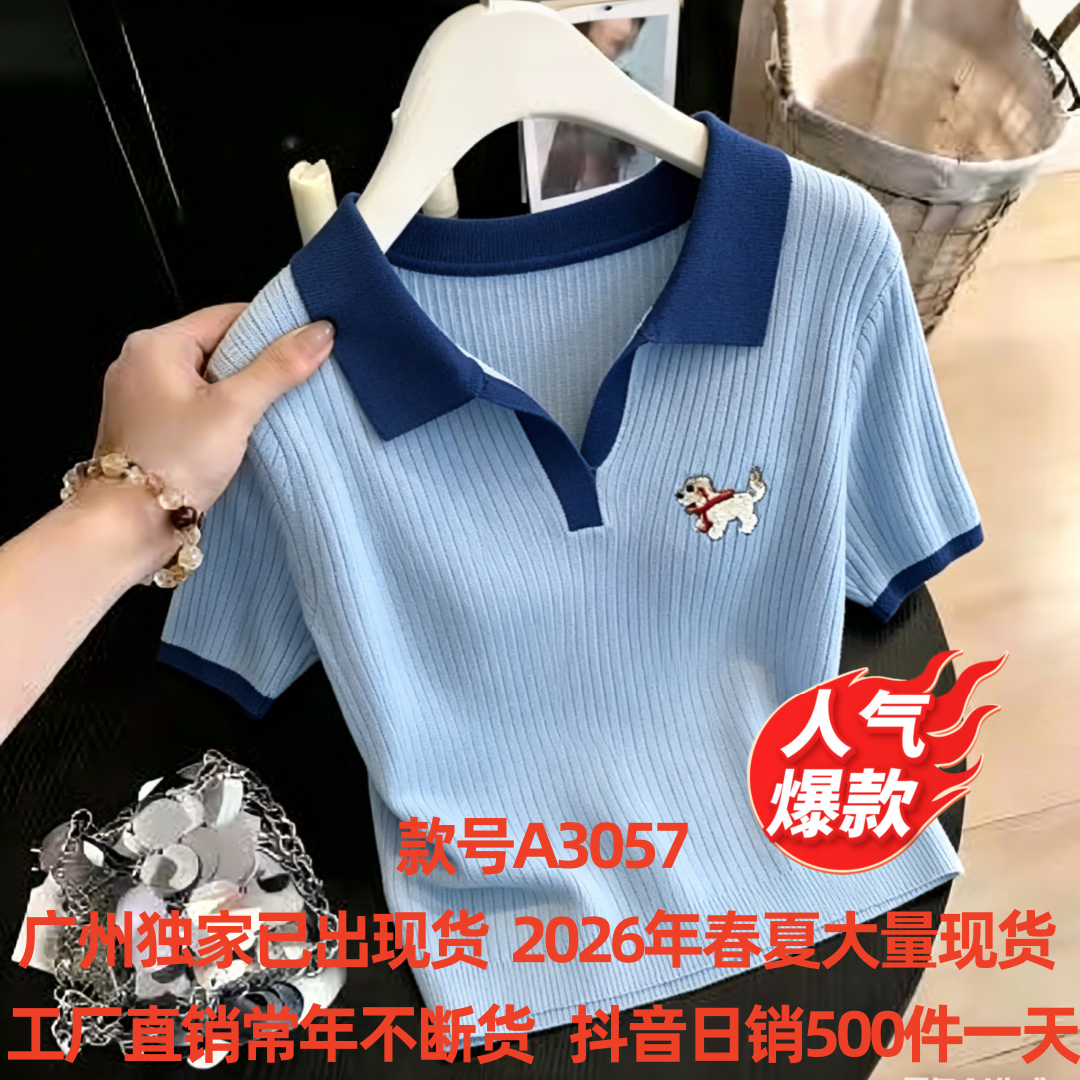 슈퍼 잘 생긴 파란색 POLO 칼라 얼음 실크 니트 2026 여름 맨위 디자인 센스 자수 강아지 반팔 티셔츠 여성