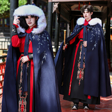 批发5691原创斗篷汉服双面呢保暖加绒加厚男装超大码可拆大毛领披风冬