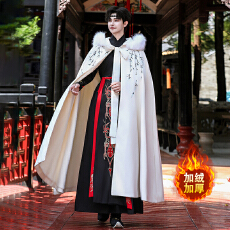 批发5691原创斗篷汉服双面呢保暖加绒加厚情侣超大码可拆大毛领披风冬