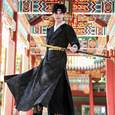 批发原创汉服鎏金提花两穿圆领袍子中性武侠风情侣装CP男大码外套