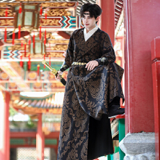 批发原创汉服鎏金提花两穿圆领袍子武侠风情侣装CP男大码中性外套5811
