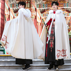 批发原创重工刺绣花斗篷汉服双面呢保暖加绒加大码可拆大毛领披风5815