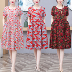 批发新款气质妈妈<b class='q'>人造棉</b>睡裙女夏天可外穿印花加大码棉绸<b class='q'>连衣裙</b>有口袋