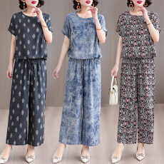 批发实拍棉绸花色套装女夏季抽绳短袖+阔腿<b class='q'>长裤</b><b class='q'>大码</b>妈妈装外穿两件套