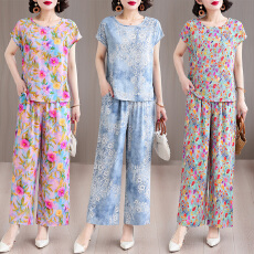 批发实拍棉绸花色套装女夏季短袖+阔腿<b class='q'>长裤</b><b class='q'>大码</b>妈妈装外穿两件套