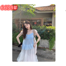 批发自制甜美少女两件套2026波点<b class='q'>网纱</b>短袖+花边拼接吊带背心春