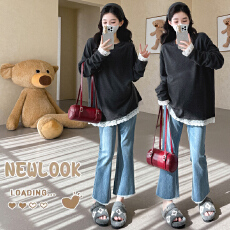 批发大货实拍 孕妇秋冬绒衫 蕾丝拼接韩系纯色花边下摆磨毛打底上衣