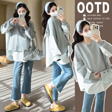 批发大货实拍 孕妇装 美式灰色卫衣秋慵懒宽松休闲假两件上衣宽松遮臀