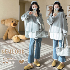 批发大货实拍孕妇卫衣秋冬宽松休闲遮臀上衣假两件拼接单穿外套打底衫