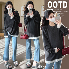 批发大货实拍 <b class='q'>孕妇装</b> 叠穿加分项 韩系百搭纯色花边下摆 磨毛打底上衣