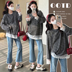 批发大货实拍 蕾丝拼接条纹圆领卫女秋装新款宽松<b class='q'>T</b><b class='q'>恤</b>打底上衣<b class='q'>孕妇装</b>