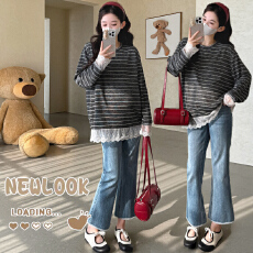 批发大货实拍 蕾丝边中长款遮臀T恤慵懒风条纹长袖秋季<b class='q'>显瘦</b>针织衫<b class='q'>孕妇</b>