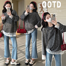 批发实拍现~ 蕾丝边中长款遮臀T恤慵懒风条纹长袖<b class='q'>春</b>季显瘦针织衫孕妇