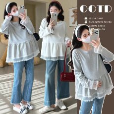 批发大货实拍 秋冬新款<b class='q'>孕妇</b><b class='q'>百搭</b>叠穿蕾丝拼接打底女宽松内搭长袖白<b class='q'>T</b><b class='q'>恤</b>