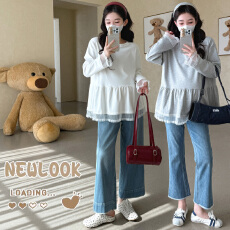 批发大货实拍 秋冬新款<b class='q'>孕妇</b><b class='q'>百搭</b>叠穿蕾丝拼接打底女宽松内搭长袖白<b class='q'>T</b><b class='q'>恤</b>