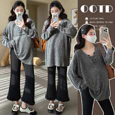 批发大货实拍 秋冬新款孕妇装落肩袖坑条植绒T恤大码宽松内搭休闲上衣