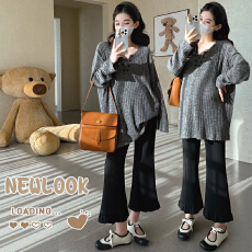 批发大货实拍秋冬新款孕妇装落肩袖坑条植绒T恤大码宽松内搭休闲上衣