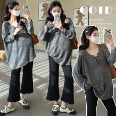 批发实拍现~春季新款孕妇装落肩袖坑条植绒T恤大码宽松内搭休闲上衣