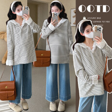 批发实拍现~ 孕妇春季新款蕾丝拼接黑白条纹连帽长袖卫衣宽松大板T恤