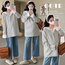 批发实拍现~ 孕妇春季新款蕾丝拼接黑白条纹连帽长袖卫衣宽松大板T恤