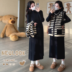 批发大货实拍 孕妇冬季针织中长款内搭<b class='q'>连衣裙</b> 宽松大板条纹马甲两件套