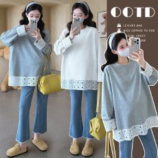 批发大货实拍 孕妇秋冬新款长袖韩版T恤蕾丝拼接四季款打底衫百搭上衣