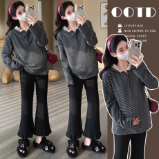 批发大货实拍 冬季新款加厚双面绒条纹连帽蕾丝拼接卫衣 孕妇外穿上衣