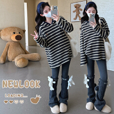 批发大货实拍 孕妇装冬季加厚双面兔绒条纹连帽上衣宽松遮臀T打底衫